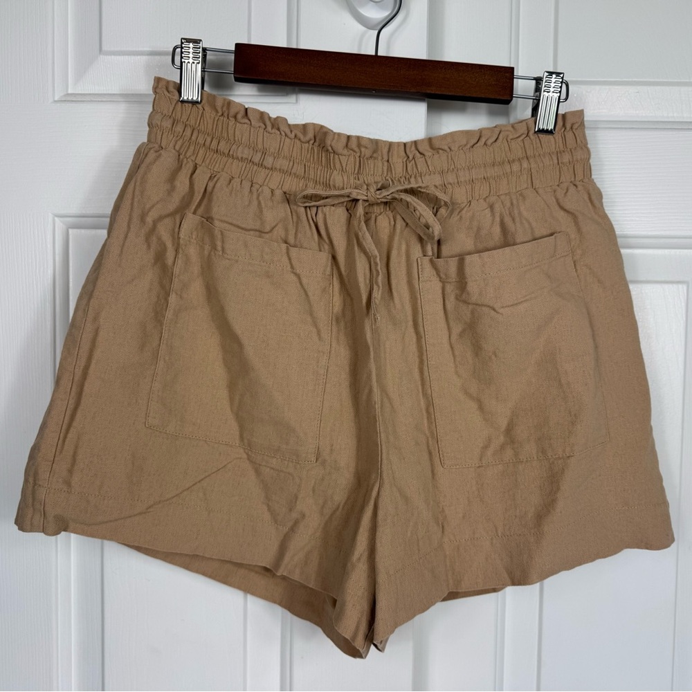 7 For All Mankind Women’s Medium Linen Blend High Rise Paper‎ Bag Tan Shorts